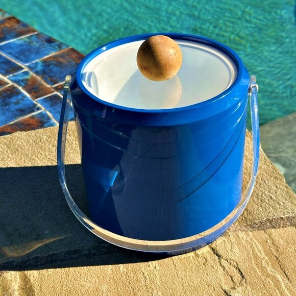 Vintage MCM Morgan Bucket Brigade Ice Bucket Royal Blue Wooden Knob Man Cave Bar - Picture 5 of 9